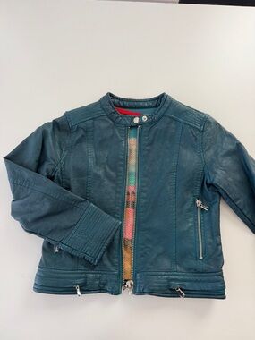 Girls Teal Faux Leather Jacket with Zip Pockets